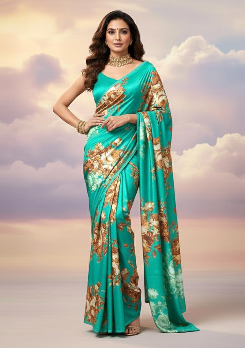 Teal Green Printed Satin Pre Draped Saree Set - Indya