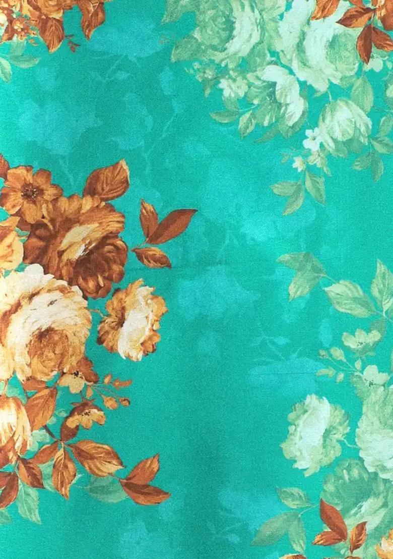Teal Green Printed Satin Pre Draped Saree Set - Indya