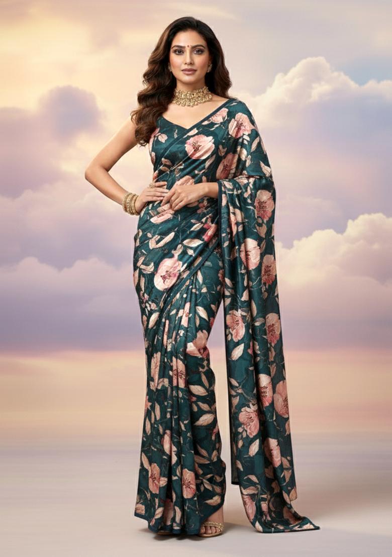 Dark Teal Blue Printed Satin Pre Draped Saree Set - Indya