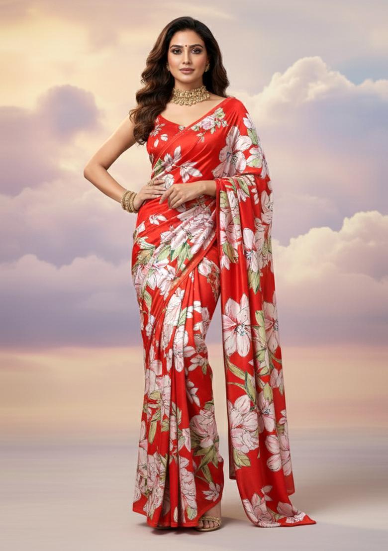 Red Printed Satin Pre Draped Saree Set - Indya