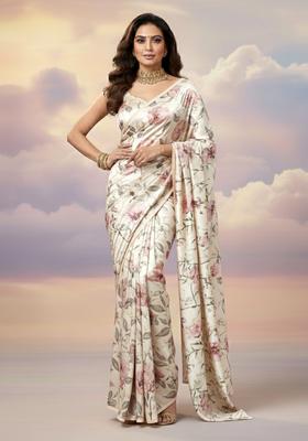 Beige Printed Satin Pre Draped Saree Set
