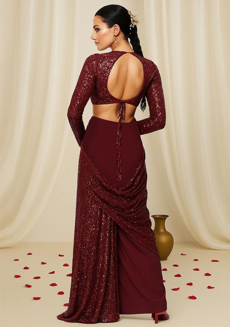 Maroon Sequin Embellished Georgette Fusion Set - Indya