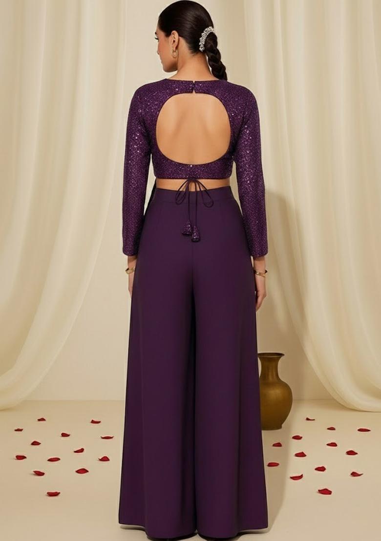 Purple Sequin Embellished Georgette Fusion Set - Indya