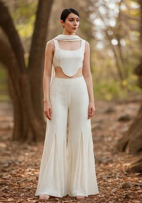 Cream Stone Work Satin Fusion Set
