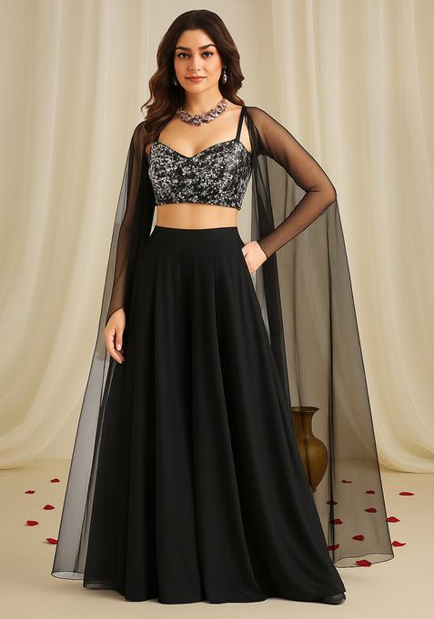 Black Sequin Embroidered Net Fusion Set