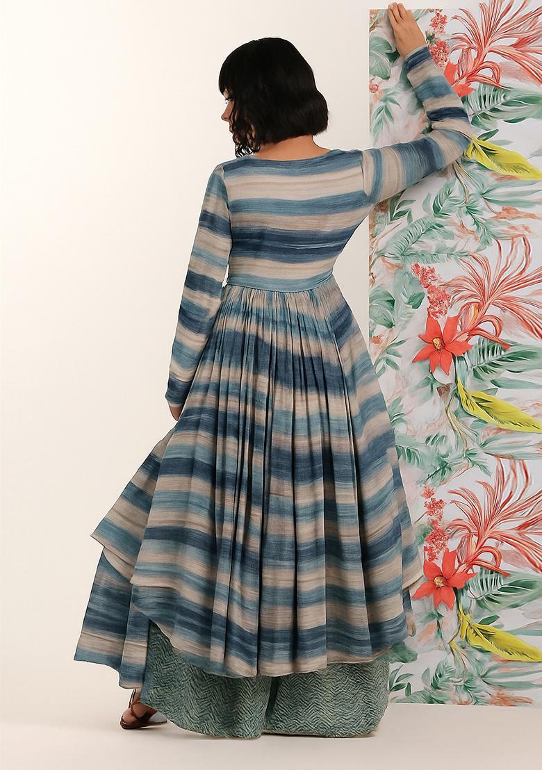 Multicolor Striped Chiffon Anarkali Set - Indya