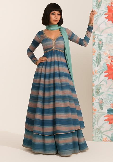 Multicolor Striped Chiffon Anarkali Set