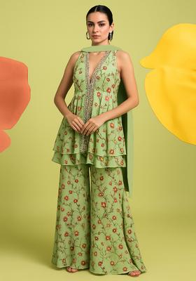 Yellow Embroidered Georgette Sharara Set
