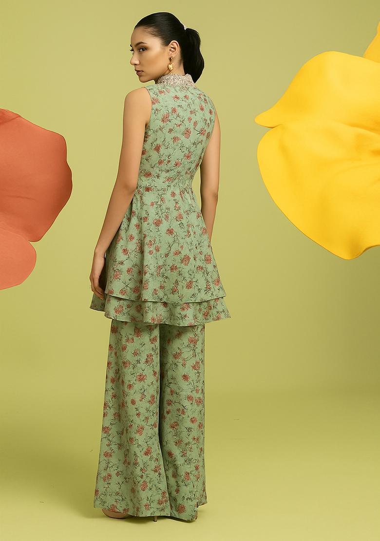 Yellow Embroidered Georgette Sharara Set - Indya