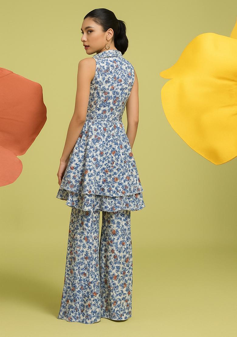 Multicolor Floral Print Georgette Sharara Set - Indya