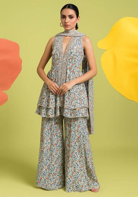 Multicolor Floral Print Georgette Sharara Set