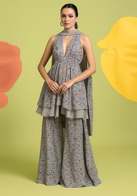 Multicolor Floral Print Chiffon Sharara Set
