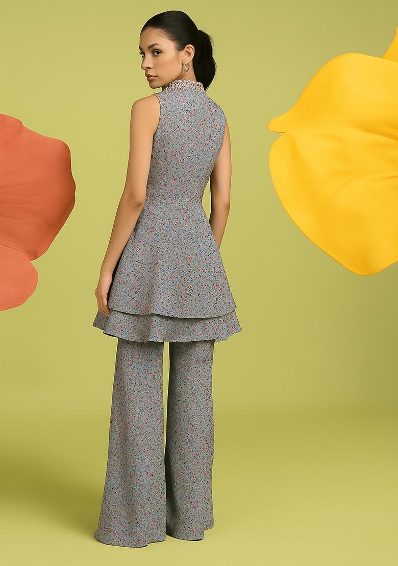 Multicolor Floral Print Chiffon Sharara Set - Indya