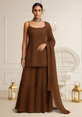 Golden Sequin Work Georgette Sharara Set