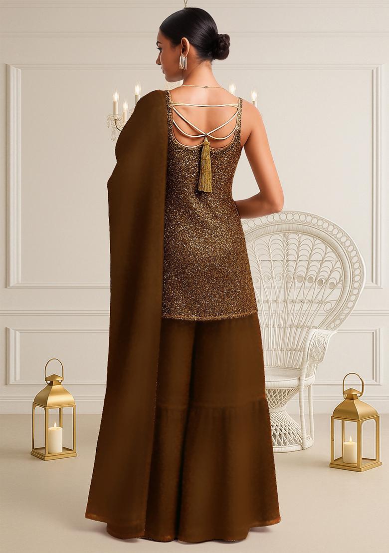 Golden Sequin Work Georgette Sharara Set - Indya