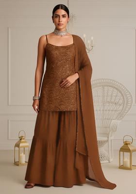 Brown Embroidered Georgette Sharara Set