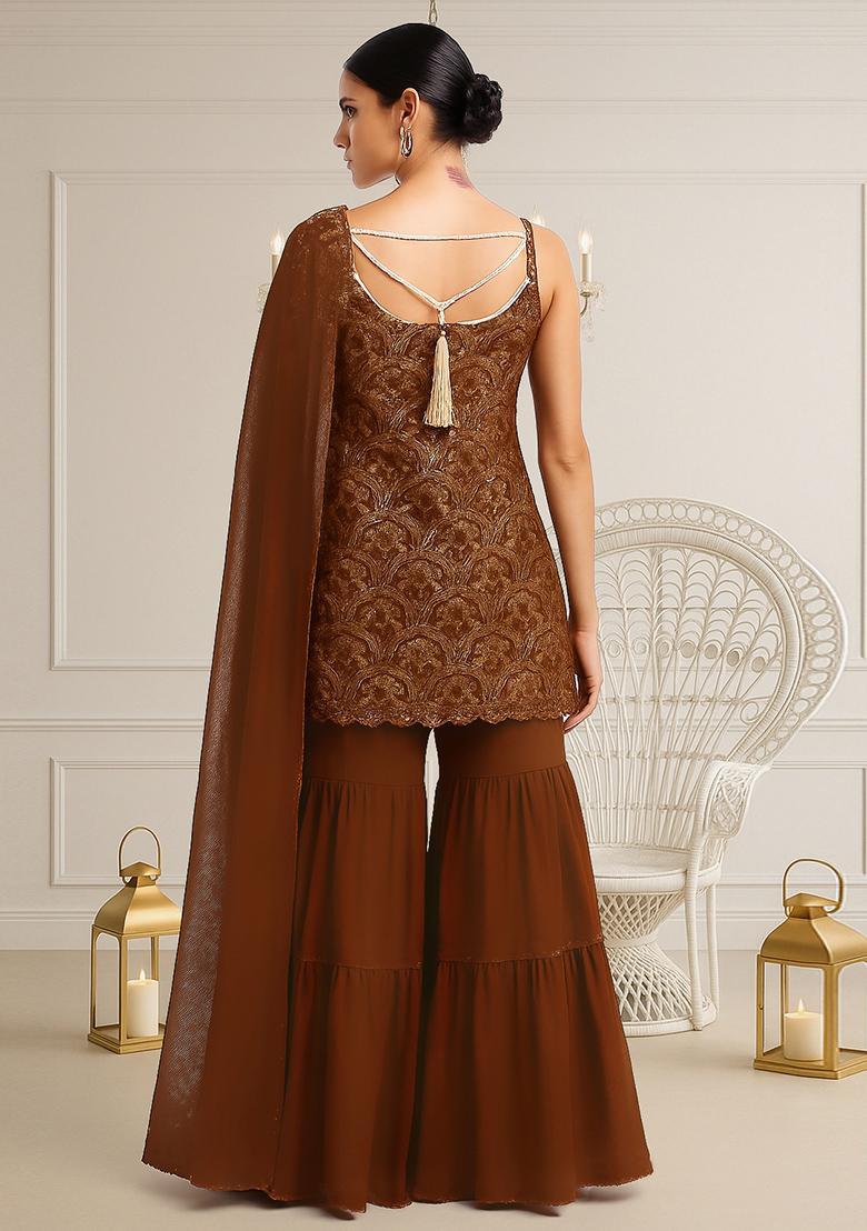 Brown Embroidered Georgette Sharara Set - Indya
