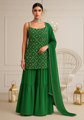 Green Embroidered Georgette Sharara Set