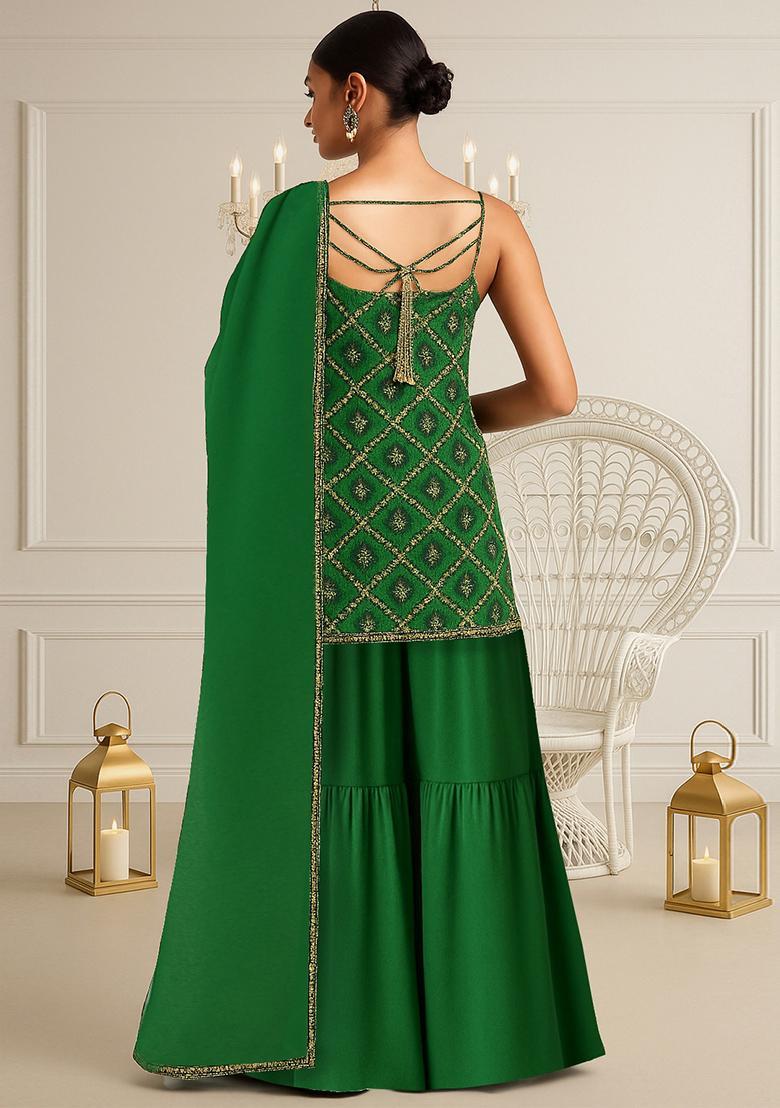 Green Embroidered Georgette Sharara Set - Indya