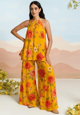 Yellow Floral Print Georgette Co Ord Set