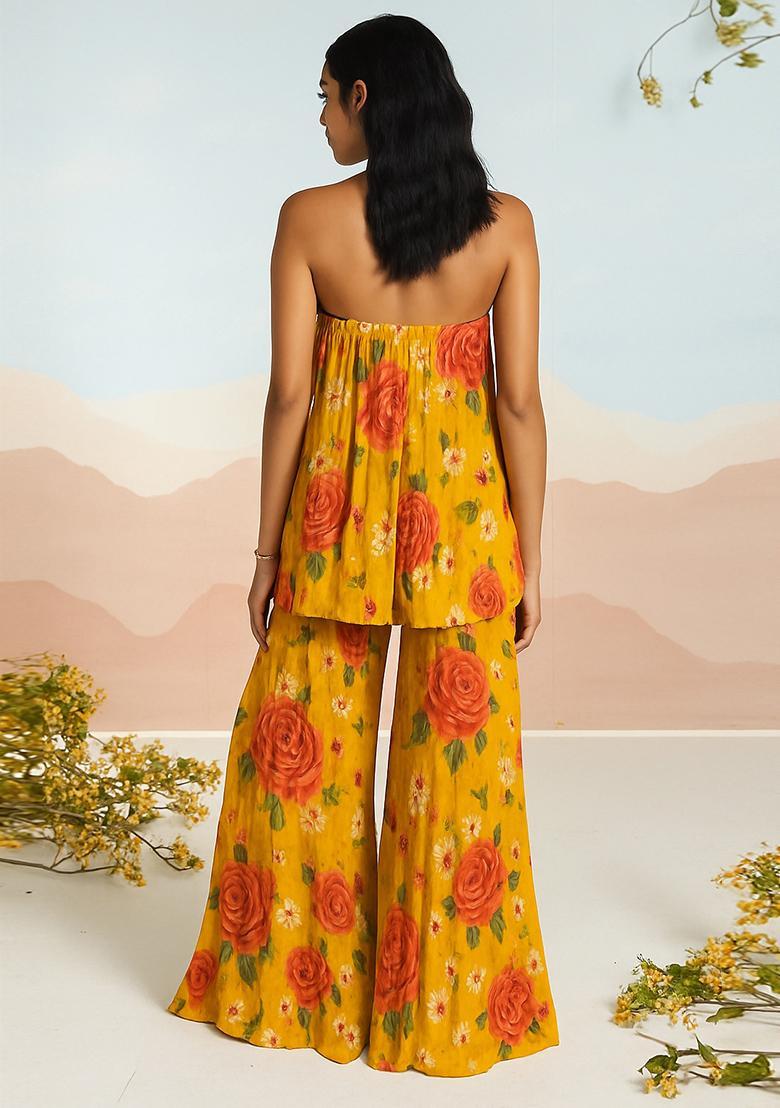 Yellow Floral Print Georgette Co Ord Set - Indya