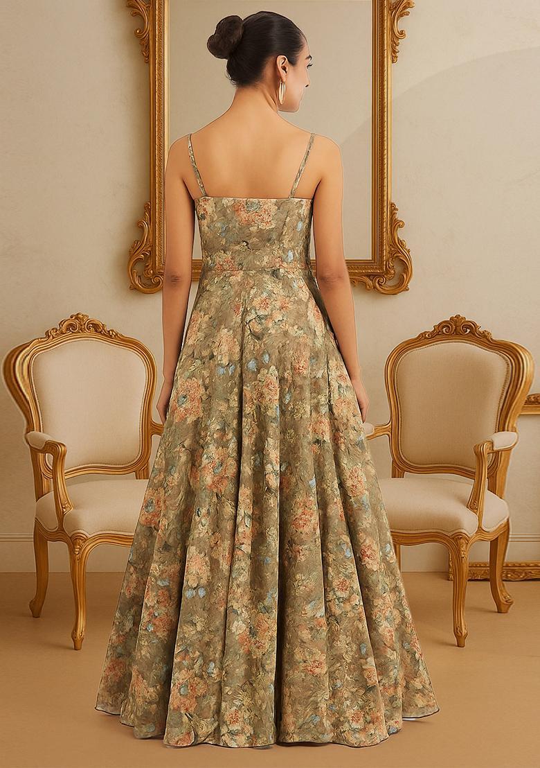 Peach Printed Georgette Anarkali Set - Indya
