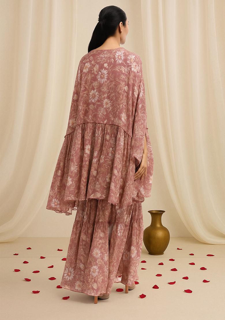 Purple Printed Georgette Sharara Set - Indya