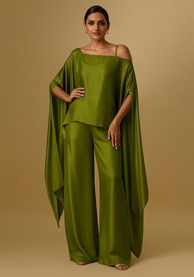 Olive Solid Satin Co Ord Set