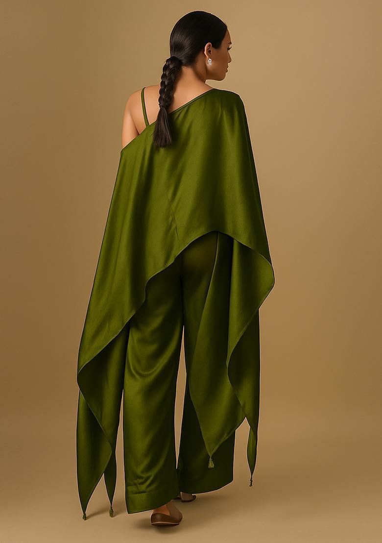 Olive Solid Satin Co Ord Set - Indya