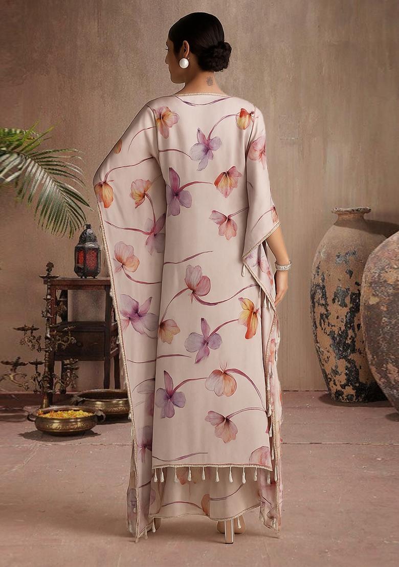 Multicolor Floral Print Satin Straight Kurta Set - Indya