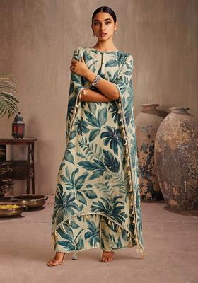 White Floral Print Satin Straight Kurta Set