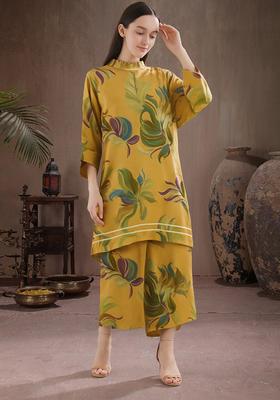 Brown Floral Print Satin Co Ord Set