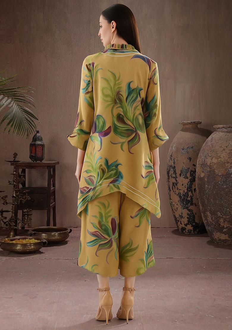 Brown Floral Print Satin Co Ord Set - Indya