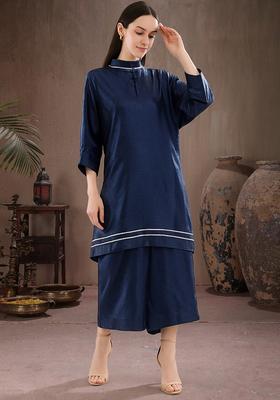 Blue Solid Satin Co Ord Set