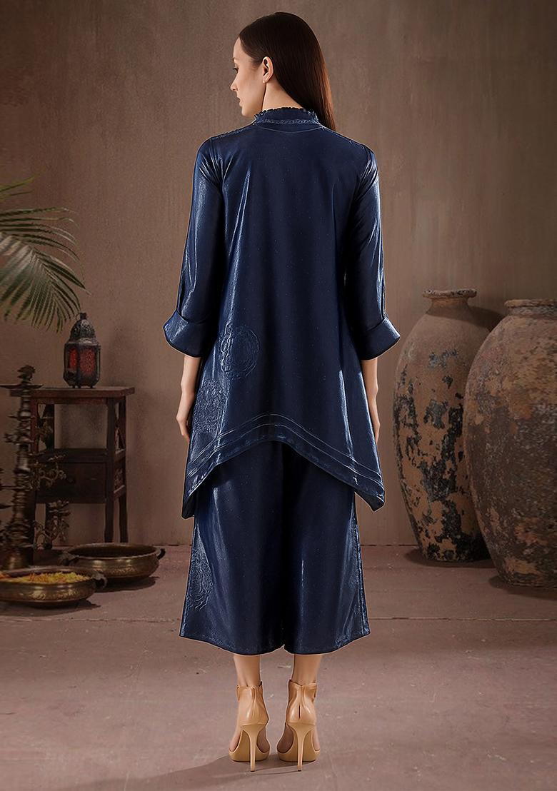 Blue Solid Satin Co Ord Set - Indya