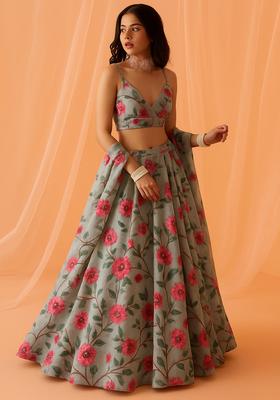 Grey Printed Chiffon Lehenga Set