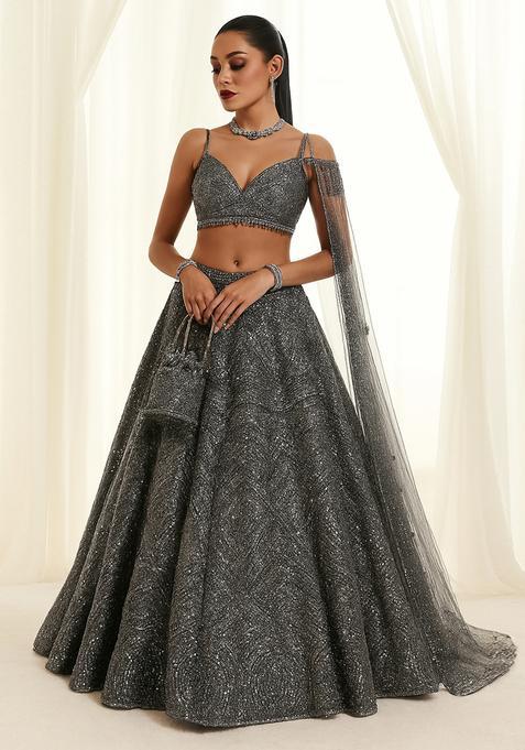 Grey Sequin Embellished Lehenga Set