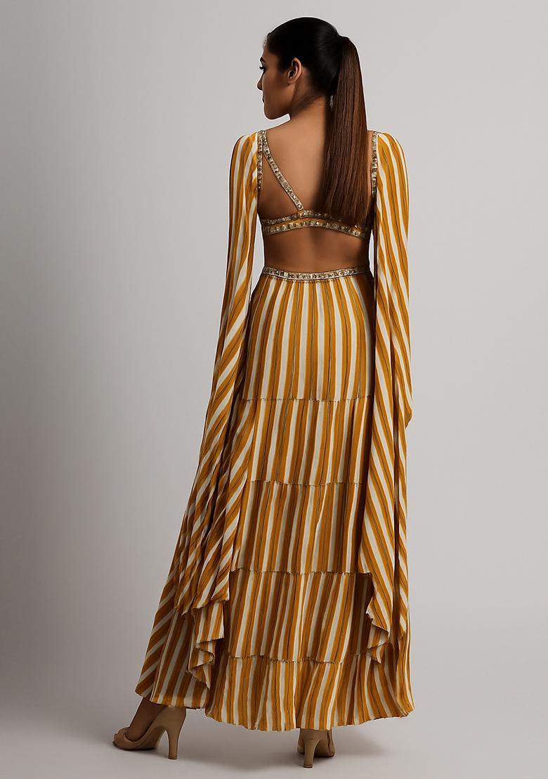 Yellow And White Printed Georgette Lehenga Set - Indya