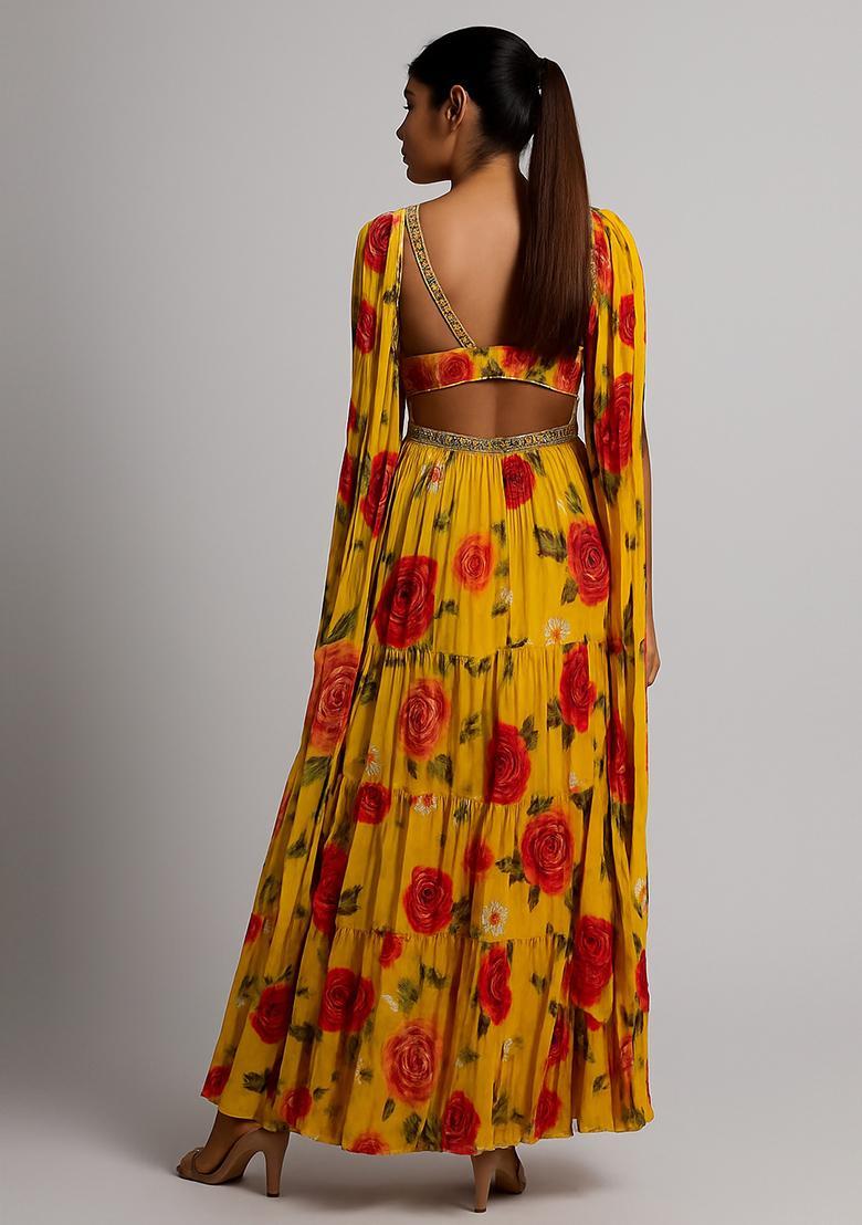 Yellow Printed Georgette Lehenga Set - Indya