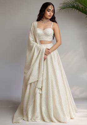 Cream Stone Work Satin Lehenga Set