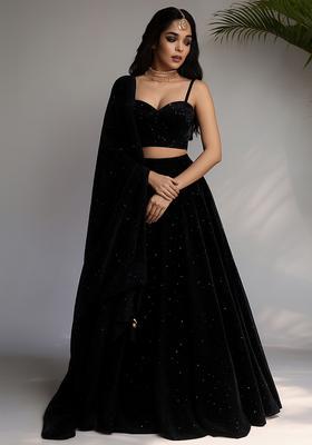 Black Stone Work Satin Lehenga Set