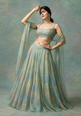 Multicolor Printed Organza Lehenga Set