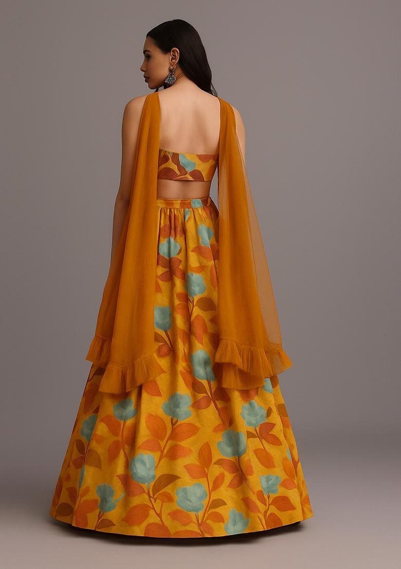 Yellow Printed Georgette Lehenga Set - Indya
