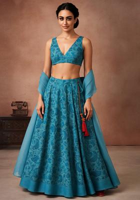 Blue Printed Georgette Lehenga Set