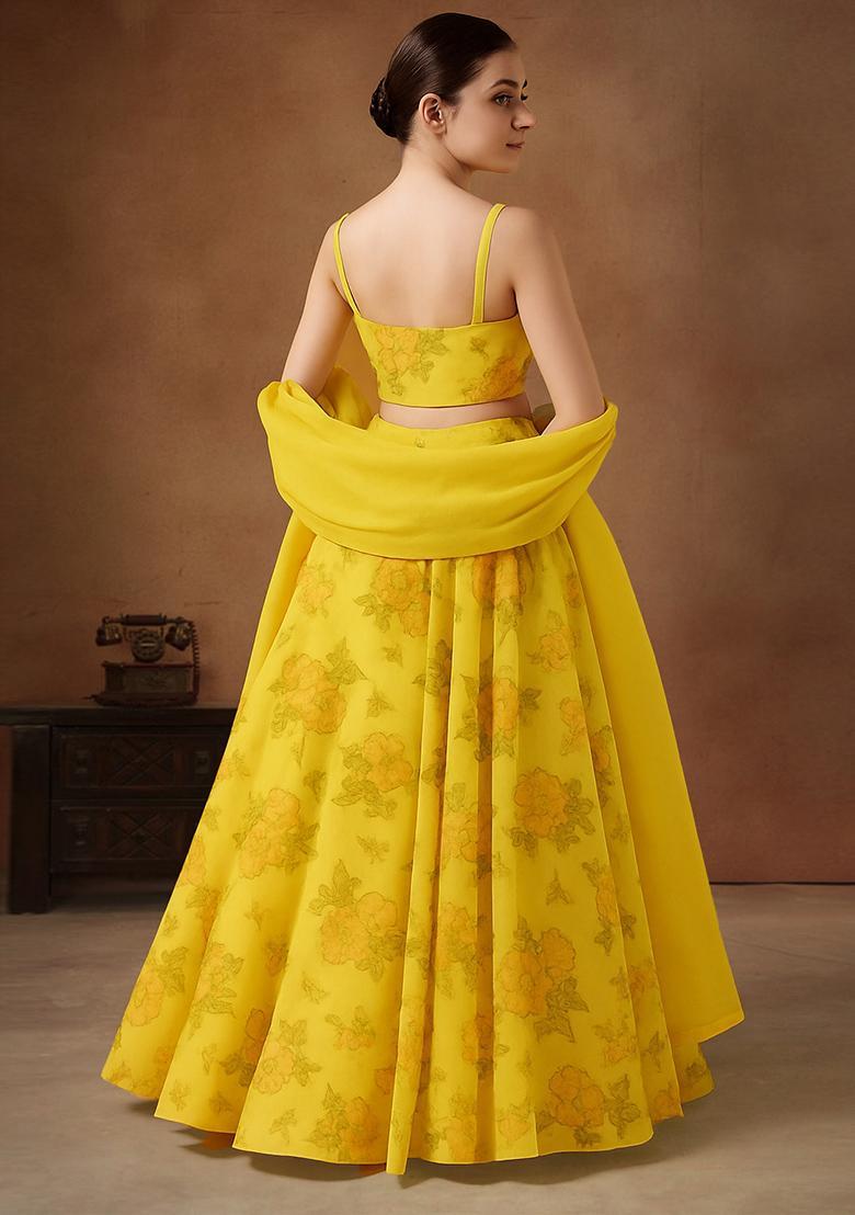 Yellow Printed Georgette Lehenga Set - Indya