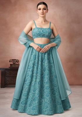 Blue Printed Georgette Lehenga Set