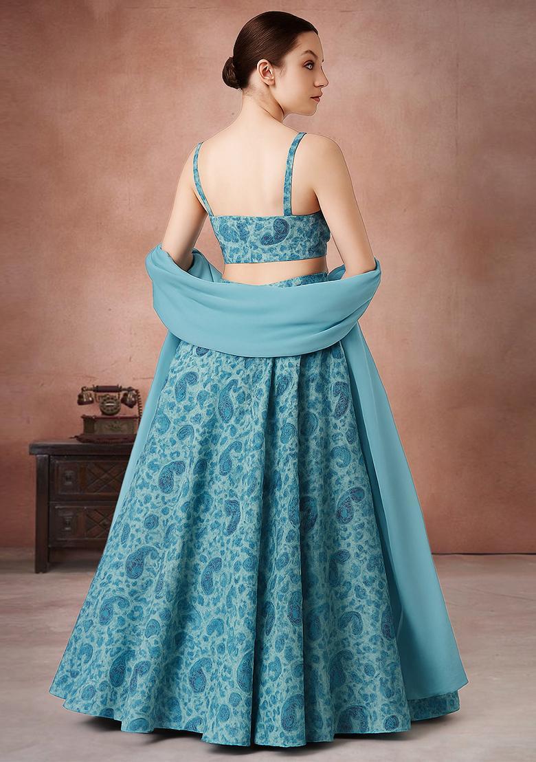 Blue Printed Georgette Lehenga Set - Indya