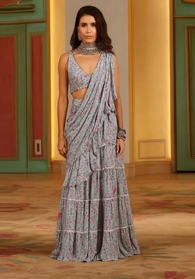 Multicolor Printed Chiffon Pre Draped Saree Set