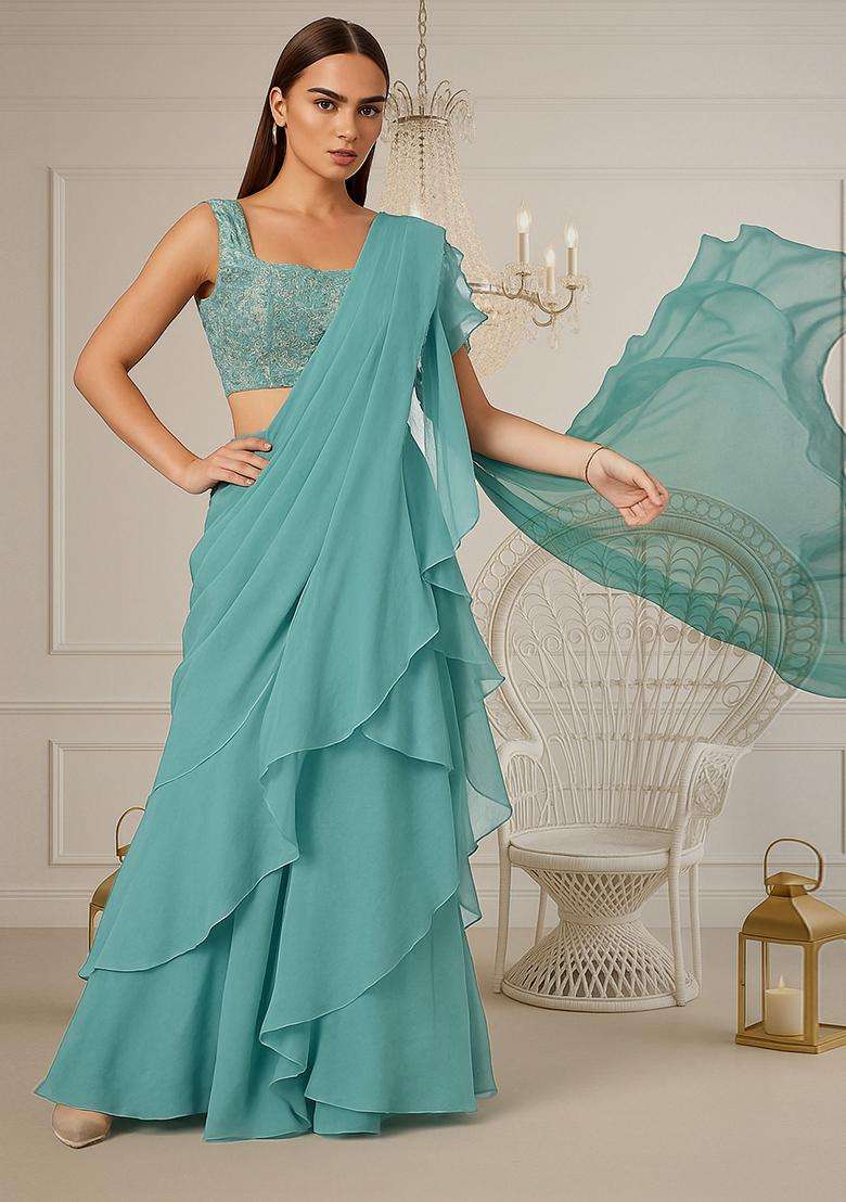 Sky Blue Sequin Embroidered Georgette Pre Draped Saree Set - Indya