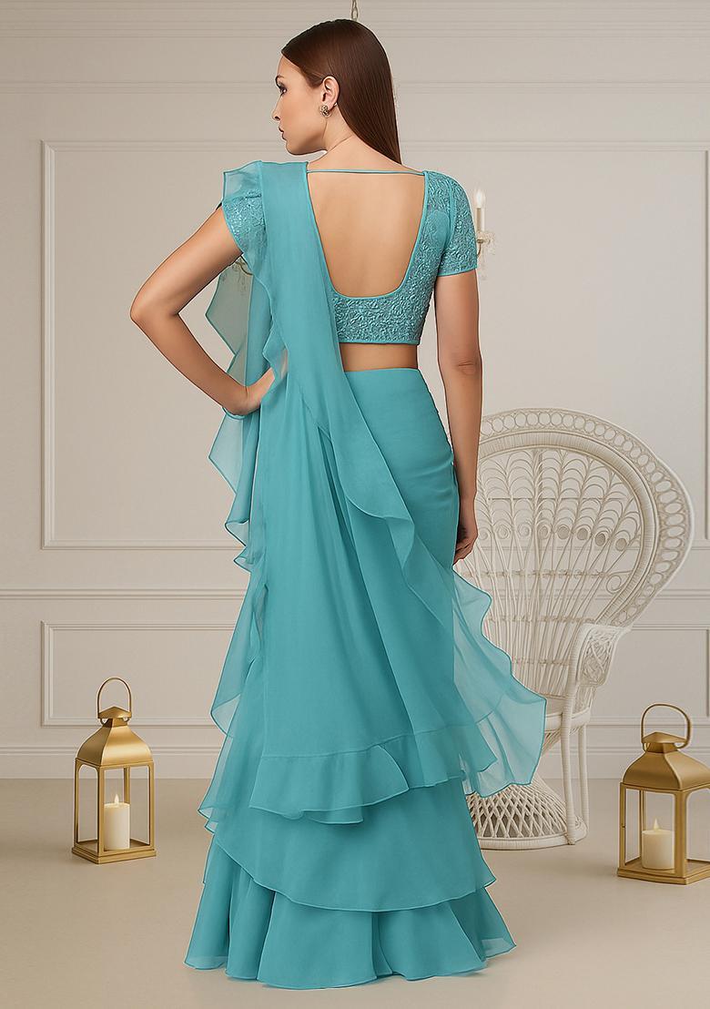 Sky Blue Sequin Embroidered Georgette Pre Draped Saree Set - Indya